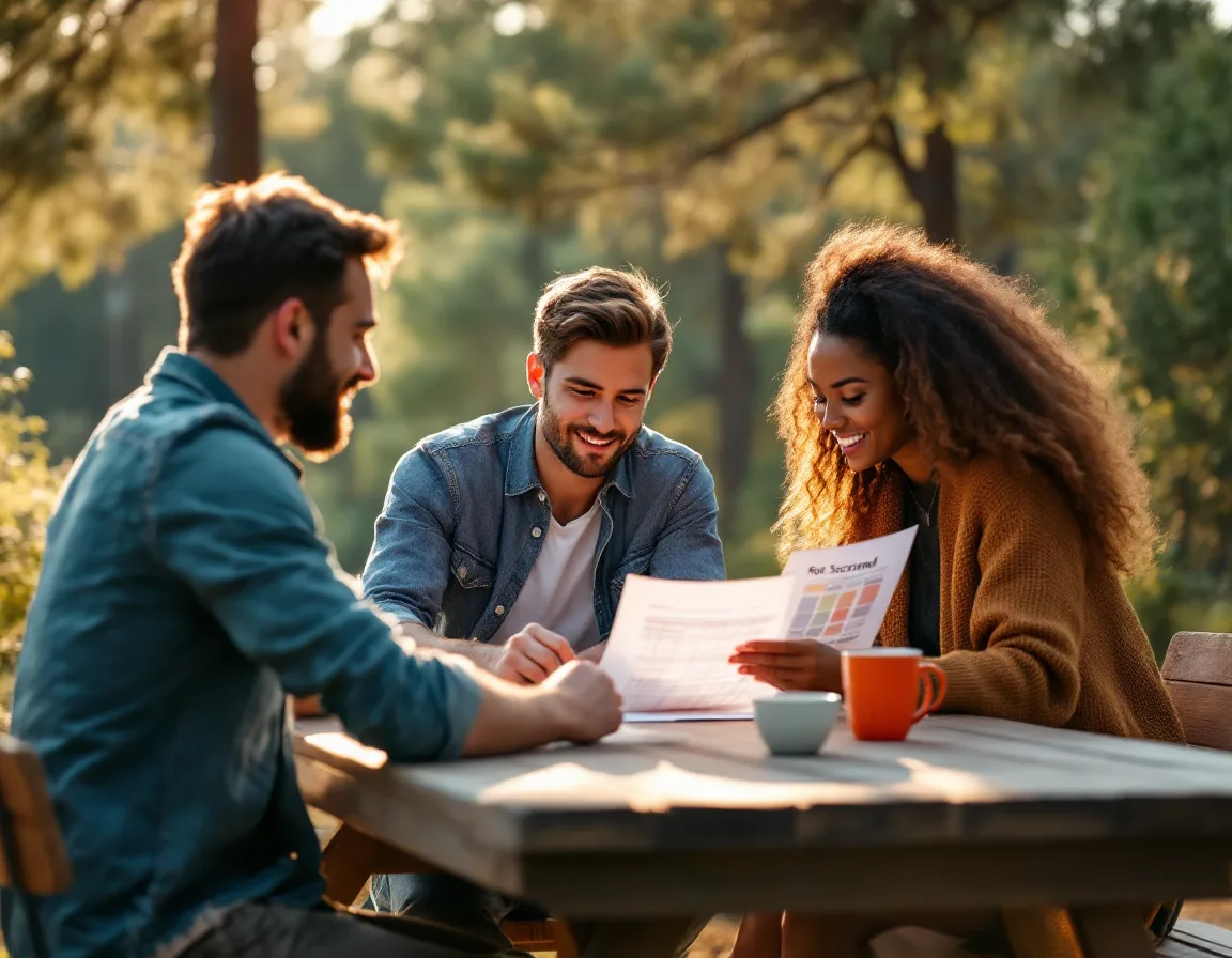 Two founders and a recruiter reviewing a printed scorecard at an outdoor table among pine trees