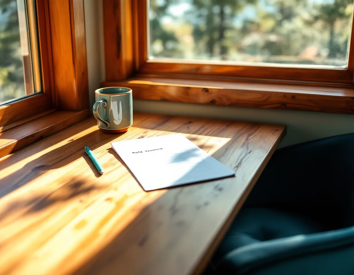 A sunlit desk with a printed scorecard and mug beside a window looking onto pine trees
