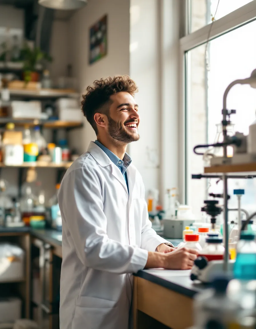 A scientist smiling in a sunlit startup lab